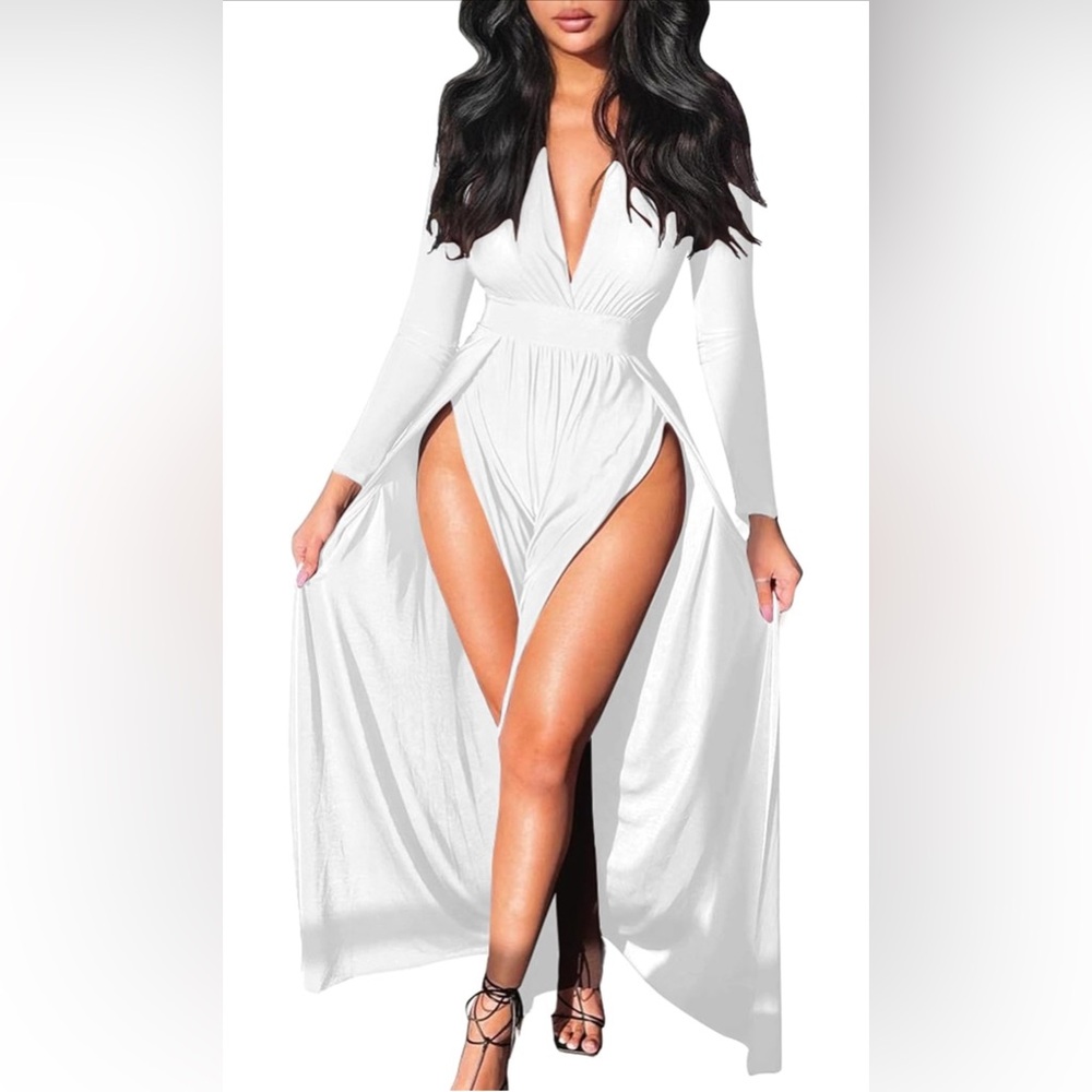 GOKATOSAU Women's Sexy Plunge V Neck Long Sleeve High Split Long Maxi Dress